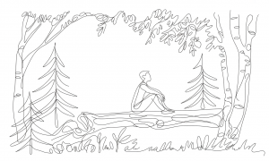 Ein Mensch sitzt ruhig im Wald